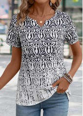 Tribal Print Black Split Neck Short Sleeve T Shirt