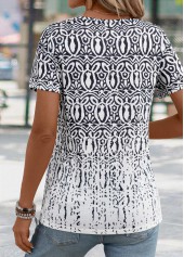 Black tops,White tops,Tribal tops,Tribal Print Black Split Neck Short Sleeve T Shirt