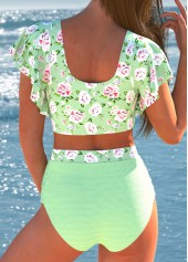 Light Green swimwear,Floral swimwear,Plants swimwear,ROTITA Criss Cross Light Green Floral Print Bikini Set