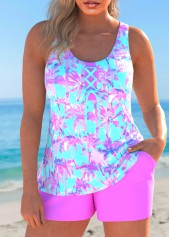ROTITA Lace Up Hot Pink Tropical Plants Print Tankini Set