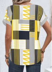 Multi Color tops,Geometric tops,Striped tops,ROTITA Zipper Geometric Print Multi Color Round Neck Blouse