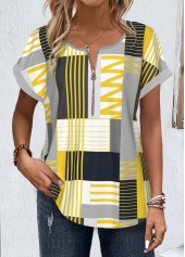 Multi Color tops,Geometric tops,Striped tops,ROTITA Zipper Geometric Print Multi Color Round Neck Blouse