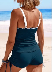 Peacock Blue swimwear,Plain Color swimwear,ROTITA Bowknot Contrast Binding Peacock Blue Tankini Set