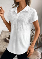 White tops,Plain Color tops,ROTITA Patchwork White Shirt Collar Short Sleeve Blouse