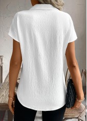 White tops,Plain Color tops,ROTITA Patchwork White Shirt Collar Short Sleeve Blouse