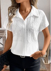 White tops,Plain Color tops,ROTITA Patchwork White Shirt Collar Short Sleeve Blouse
