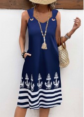 Navy dresses,Geometric dresses,Striped dresses,Everyday dresses,Casual dresses,ROTITA Plus Size Tummy Coverage Geometric Print Navy Sleeveless Dress