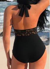 Black swimwear,Plain Color swimwear,ROTITA Lace Black Patchwork One Piece Swimwear