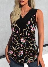 Black tops,Floral tops,Plants tops,ROTITA Surplice Floral Print Black V Neck Sleeveless Tank Top