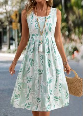 Light Green dresses,Plants dresses,Everyday dresses,Casual dresses,Leaf Print Light Green Square Neck Sleeveless Dress