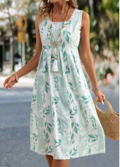 Light Green dresses,Plants dresses,Everyday dresses,Casual dresses,Leaf Print Light Green Square Neck Sleeveless Dress