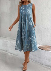 Dusty Blue dresses,Plants dresses,Everyday dresses,Casual dresses,Plants Print Dusty Blue A Line Round Neck Dress