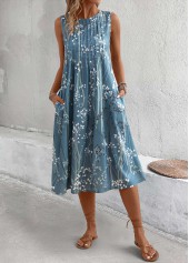 Plants Print Dusty Blue A Line Round Neck Dress