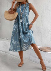 Dusty Blue dresses,Plants dresses,Everyday dresses,Casual dresses,Plants Print Dusty Blue A Line Round Neck Dress