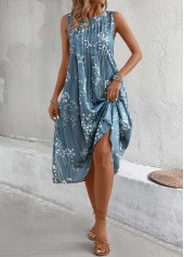 Dusty Blue dresses,Plants dresses,Everyday dresses,Casual dresses,Plants Print Dusty Blue A Line Round Neck Dress