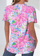 Neon Pink tops,Floral tops,Plants tops,ROTITA Frill Floral Print Neon Pink V Neck Blouse