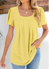 Light Yellow tops,Plain Color tops,Pleated Light Yellow Square Neck Short Sleeve Blouse