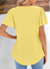 Light Yellow tops,Plain Color tops,Pleated Light Yellow Square Neck Short Sleeve Blouse