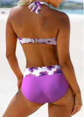 Purple swimwear,White swimwear,Floral swimwear,Plants swimwear,ROTITA Criss Cross Purple Floral Print Bikini Set