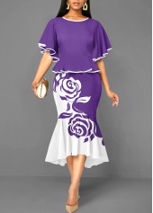 Rotita - Robe moulante violette à imprimé floral et sirène haute et basse