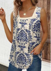 Navy tops,Tribal tops,ROTITA Button Tribal Print Navy Square Neck Sleeveless Tank Top