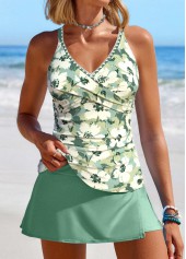 Sage Green swimwear,Floral swimwear,Plants swimwear,ROTITA Surplice Sage Green Floral Print Tankini Set