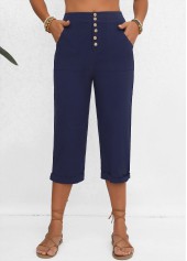 Navy bottoms,Plain Color bottoms,Button Navy Elastic Waist High Waisted Pants