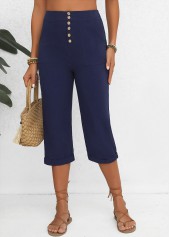 Navy bottoms,Plain Color bottoms,Button Navy Elastic Waist High Waisted Pants