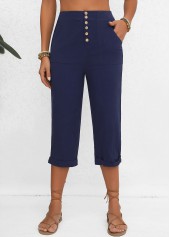 Marineblaue hoch taillierte Hose mit elastischem Bund und Knöpfen