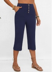 Navy bottoms,Plain Color bottoms,Button Navy Elastic Waist High Waisted Pants