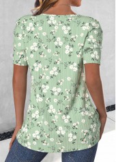 Light Green tops,Ditsy Floral tops,ROTITA Button Ditsy Floral Print Light Green T Shirt
