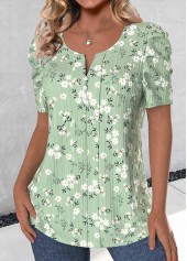 Light Green tops,Ditsy Floral tops,ROTITA Button Ditsy Floral Print Light Green T Shirt