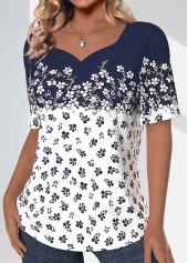 Navy tops,White tops,Ditsy Floral tops,ROTITA Textured Fabric Ditsy Floral Print Navy T Shirt