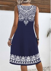 Navy dresses,Tribal dresses,Dot dresses,Everyday dresses,Casual dresses,ROTITA Tummy Coverage Tribal Print Navy V Neck Sleeveless Dress