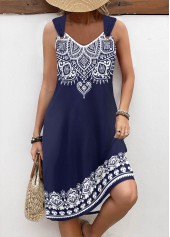 ROTITA Tummy Coverage Tribal Print Navy V Neck Sleeveless Dress