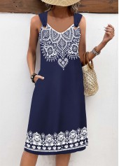 Navy dresses,Tribal dresses,Dot dresses,Everyday dresses,Casual dresses,ROTITA Tummy Coverage Tribal Print Navy V Neck Sleeveless Dress
