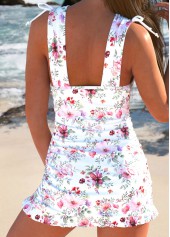 White swimwear,Floral swimwear,Plants swimwear,ROTITA Drawstring White Floral Print Swimdress and Panty