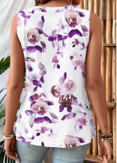 Light Purple tops,White tops,Floral tops,Plants tops,ROTITA Pleated Floral Print Light Purple Square Neck Tank Top