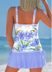 Light Purple swimwear,Floral swimwear,Plants swimwear,ROTITA Drawstring Light Blue Floral Print Tankini Set