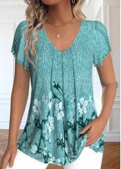 ROTITA Embroidery Floral Print Mint Green V Neck T Shirt