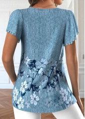 Dusty Blue tops,Floral tops,Plants tops,ROTITA Embroidery Floral Print Dusty Blue V Neck T Shirt