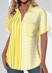Light Yellow tops,Striped tops,Geometric tops,ROTITA Pocket Striped Light Yellow Short Sleeve Shirt