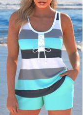 Rotita-Bowknot-Cyan-Patchwork-gestreiftes Tankini-Set