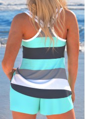 Cyan swimwear,Multi Color swimwear,Striped swimwear,Geometric swimwear,ROTITA Bowknot Cyan Patchwork Striped Tankini Set