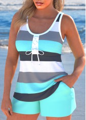 Cyan swimwear,Multi Color swimwear,Striped swimwear,Geometric swimwear,ROTITA Bowknot Cyan Patchwork Striped Tankini Set
