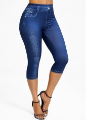 Denim Blue bottoms,Denim-Effect Print bottoms,Denim-effect Print Denim Blue High Waisted Elastic Waist Leggings