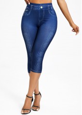 Denim Blue bottoms,Denim-Effect Print bottoms,Denim-effect Print Denim Blue High Waisted Elastic Waist Leggings