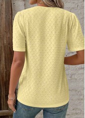 Light Yellow tops,Plain Color tops,ROTITA Patchwork Light Yellow V Neck Short Sleeve T Shirt