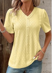 ROTITA Patchwork Light Yellow V Neck Short Sleeve T Shirt