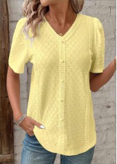 Light Yellow tops,Plain Color tops,ROTITA Patchwork Light Yellow V Neck Short Sleeve T Shirt